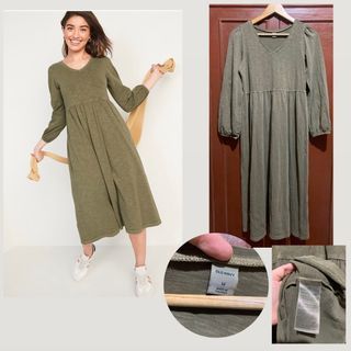 OLD NAVY Acid Washed Green V-Neck Longsleeve Cotton Maxi Dress - Casual Everyday on the go outfit Dress