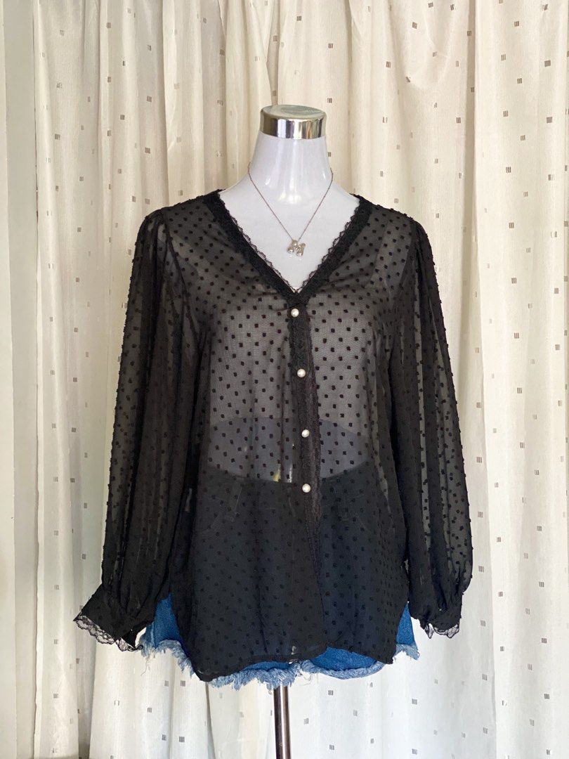 Black Polka Dots See-through Blouse (Category: Blouses) located in Taytay. Submitted by anmafego (Listing ID 1365474568, Image 1). Description: - casual or office attire ✔️ - no issues but color may change due to lighting 🤳🏻 - pls check out my preloved items, you might find something to add 🫶🏻.