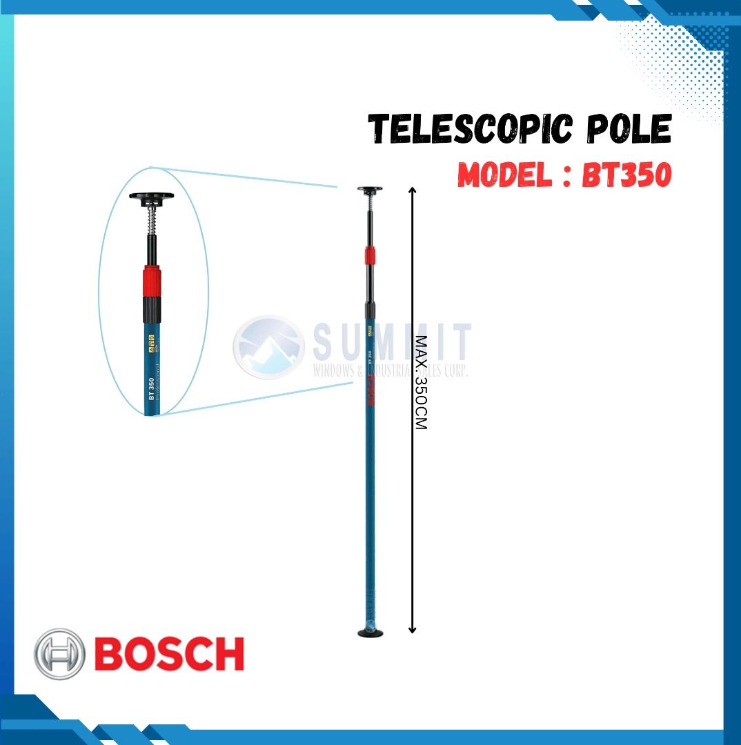 BOSCH PROF. BT350 - TELESCOPIC POLE (Category: Tripods & Monopods) located in Dasmarinas. Submitted by summit_windows (Listing ID 1365378525, Image 1). Description: MODEL: BT 350 EASY TO OPERATE AND ROBUST FOR LINE AND POINT LASER LEVEL • Easy and fast fitting • High level of versatility due to holder and metal bracket • Robust and stable aluminum construction Work Height: 140 – 350cm Weight Approx.: 2.5kg Sections : 3 Maximum Height: 350cm / sui