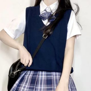 free 80%新 金綸校服 藍色中學生冷背心 jk64217367328643110