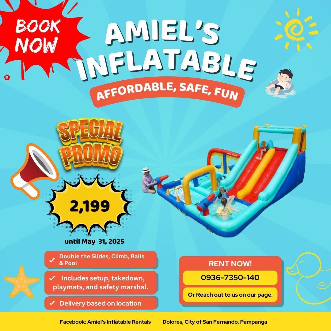 Inflatable for Rent (Category: Infant Playtime) located in San Fernando. Submitted by kymann (Listing ID 1365451380, Image 1). Description: Inflatable Slides – Fun for All Occasions! Turn up the fun at your next event with our exciting Inflatable Slides – perfect for birthdays, school events, family gatherings, and more! All-Inclusive Package for Only ₱2,199: • Full setup and takedown • Supervised by 1 Security Marshal for safety • Hassle-free ex