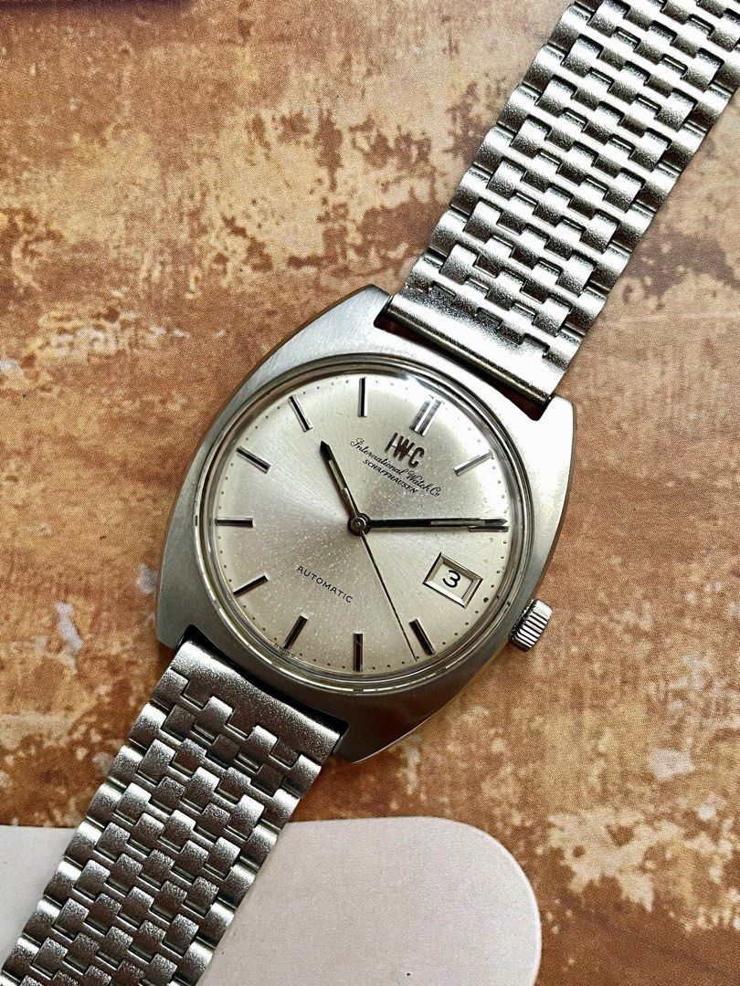 IWC Shaffhausen (Category: Luxury Watches) located in Pasig City. Submitted by watchtradeph (Listing ID 1365351211, Image 2). Description: Featured is a vintage IWC, elegantly paired with a glittering frosted bracelet and a dial adorned with light-speckled patina. IWC Schaffhausen [Ref: 1819] Automatic Circa: 1970s | Serial: 2123xxx Case: 36mm Bracelet: vintage NSA Steel-Inox frosted, Swiss made (worth Php 15,000) All original Newly serviced .