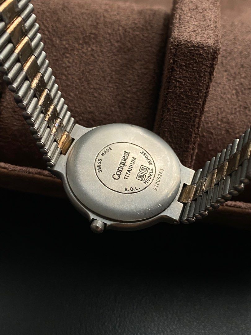Longines Conquest Titanium (Category: Luxury Watches) located in Pasig City. Submitted by watchtradeph (Listing ID 1365379633, Image 3). Description: Longines Conquest Titanium [Ref: 21809263] Quartz Circa: 1980s Size: 34mm case Material: two-tone Titanium Bracelet fit: up to 16.3cm Dial: Day-Date President All original Newly serviced.