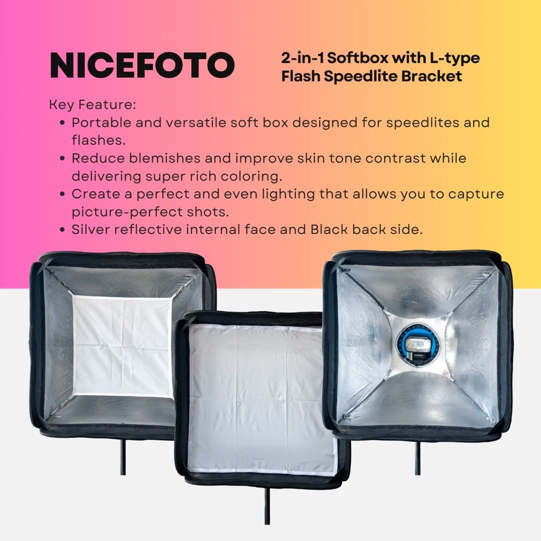 NiceFoto Professional 2-in-1 Softbox with L-type Flash Speedlite Bracket (Category: Lighting & Studio Equipment) located in Manila. Submitted by martins.superstore (Listing ID 1355108379, Image 3). Description: *Light stand not included Features: - 80x80cm On-Camera Flashes softbox - Easy Set-up foldable construction - Portable and lightweight, Compact and stores easily - Mounts to most light stands - Great for setting up Speedlights in a studio 