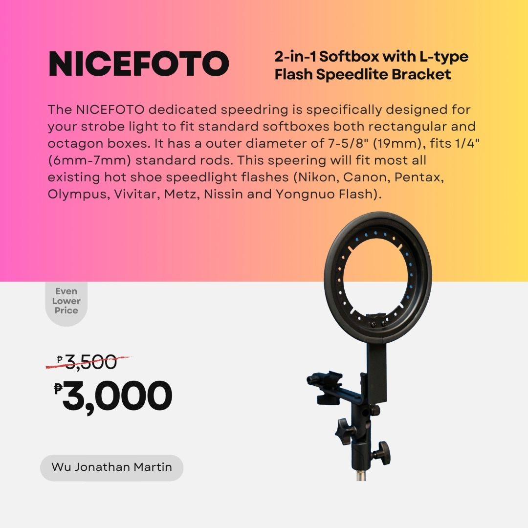 NiceFoto Professional 2-in-1 Softbox with L-type Flash Speedlite Bracket (Category: Lighting & Studio Equipment) located in Manila. Submitted by martins.superstore (Listing ID 1355108379, Image 2). Description: *Light stand not included Features: - 80x80cm On-Camera Flashes softbox - Easy Set-up foldable construction - Portable and lightweight, Compact and stores easily - Mounts to most light stands - Great for setting up Speedlights in a studio 