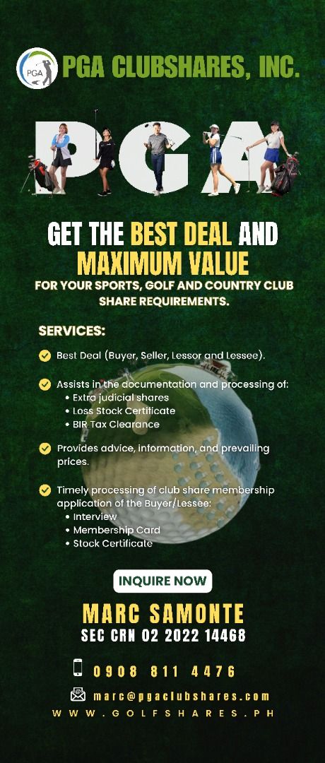 PGA Clubshares, Inc. (Category: Golf) located in Muntinlupa City. Submitted by marcpgaclubshares (Listing ID 1365366197, Image 1). Description: It is our commitment to provide quality service and expertise, ensures a smooth and efficient experience for our clients, the “Prestige Way”..
