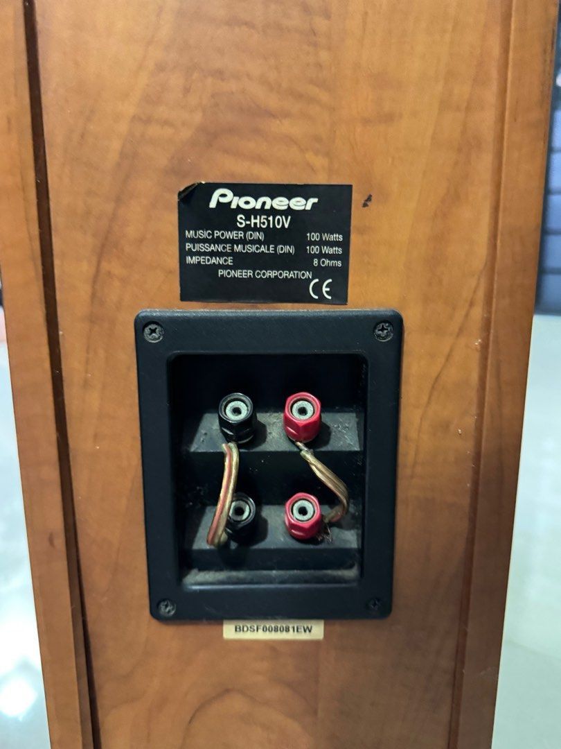 Pioneer S-H510V Floorstanding Speakers + Class-D Stereo Amplifier with Bluetooth, FM Radio, Aux-In -- Retro Budget Hi-Fi Home Theatre System (Category: Soundbars, Speakers & Amplifiers) located in Singapore. Submitted by cancerhands (Listing ID 1365455888, Image 3). Description: Comes with a simple stereo class-D amplifier with FM radio, aux-in and Bluetooth, and an aux-in cable terminating with a stereo 3.5mm TRS jack. Feet not included. Minor w