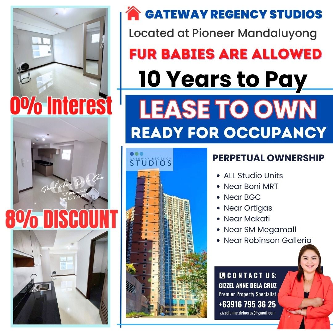 Rent to Own Condo For Sale in Pioneer Mandaluyong at Gateway Regency Studios Near BONI MRT (Category: Apartments & Condos) located in Manila. Submitted by rlcannedelacruz (Listing ID 1284205657, Image 1). Description: 𝐆𝐀𝐓𝐄𝐖𝐀𝐘 𝐑𝐄𝐆𝐄𝐍𝐂𝐘 𝐒𝐓𝐔𝐃𝐈𝐎𝐒 - 𝐔𝐧𝐢𝐭 𝐬𝐭𝐚𝐫𝐭𝐬 𝐚𝐭 𝟒.𝟒𝐌 🔥 𝐋𝐄𝐀𝐒𝐄 𝐓𝐎 𝐎𝐖𝐍 / 𝐑𝐄𝐍𝐓 𝐓𝐎 𝐎𝐖𝐍 🔥 𝟏𝟎 𝐘𝐄𝐀𝐑𝐒 𝐓𝐎 𝐏𝐀𝐘 🔥 𝐍𝐎 𝐈𝐍𝐓𝐄𝐑𝐄𝐒𝐓 🔥 𝐍𝐎 𝐁𝐀𝐍𝐊 𝐅𝐈𝐍𝐀𝐍𝐂𝐈𝐍𝐆 𝐍𝐄𝐄𝐃�