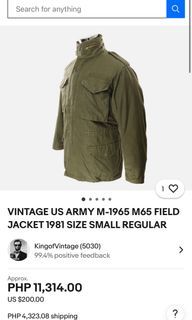 Vintage US Army 1965 Military Jacket for Men’s, XS on tag dimes is 19.5 X 26