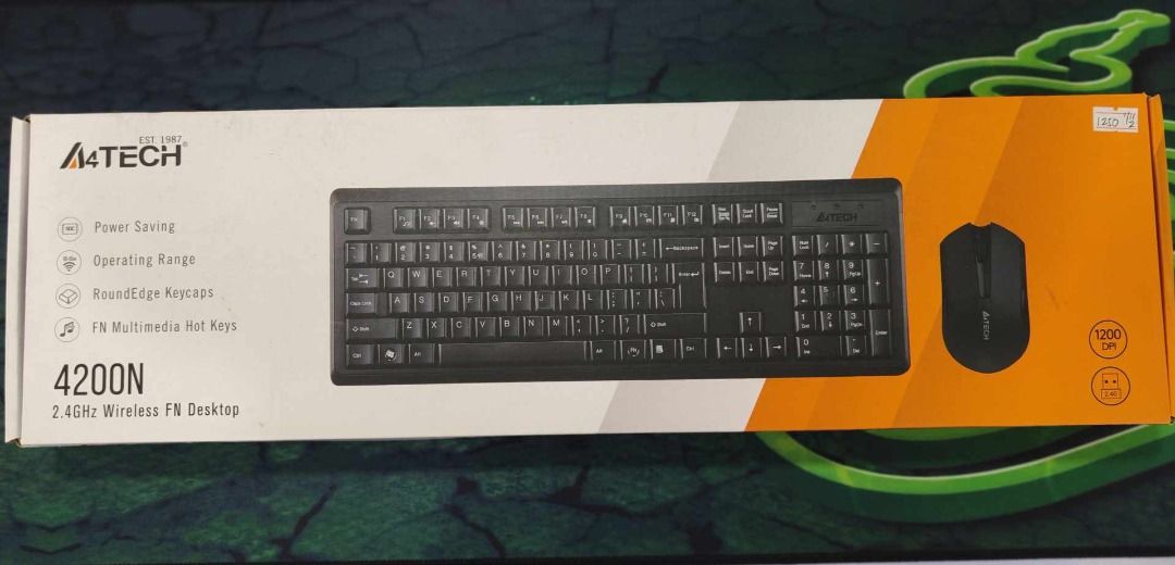 Brandnew A4TECH 4200N Wireless Keyboard&Mouse (Category: Computer Keyboard) located in Cavite. Submitted by dwelancas79880 (Listing ID 1365565192, Image 1). Description: Brands A4 Tech Backlit No Connector Wireless Frequency 2.4G Hz Keyboard Dimension 456 × 150 × 28mm Mouse Dimension 107 × 61 × 39 mm Resolution 1000 DPI Battery 1 x AA Alkaline Battery / 2 x AAA Alkaline Battery Weight 0.83kg.