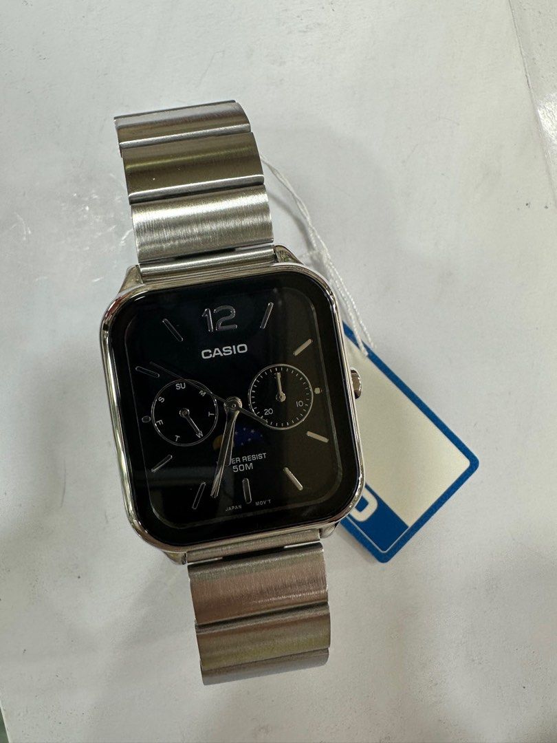 Casio Moonphase MTP-M305D-1A (Category: Men's Watches) located in Manila. Submitted by seikowatchfactory (Listing ID 1365628707, Image 1). Description: Brand New in Box Authentic Casio Watch Model: MTP-M305D-1A Price: 4395 pesos Specifications: Case Size: 44.5 x 34 x 9.3mm Weight: 116g Stainless Steel Stainless Steel Band One touch 3-fold clasp 50m Water Resistance Approx. Battery Life: 3 years on 621SW Mineral Glass Moon phase Regular timekeepin