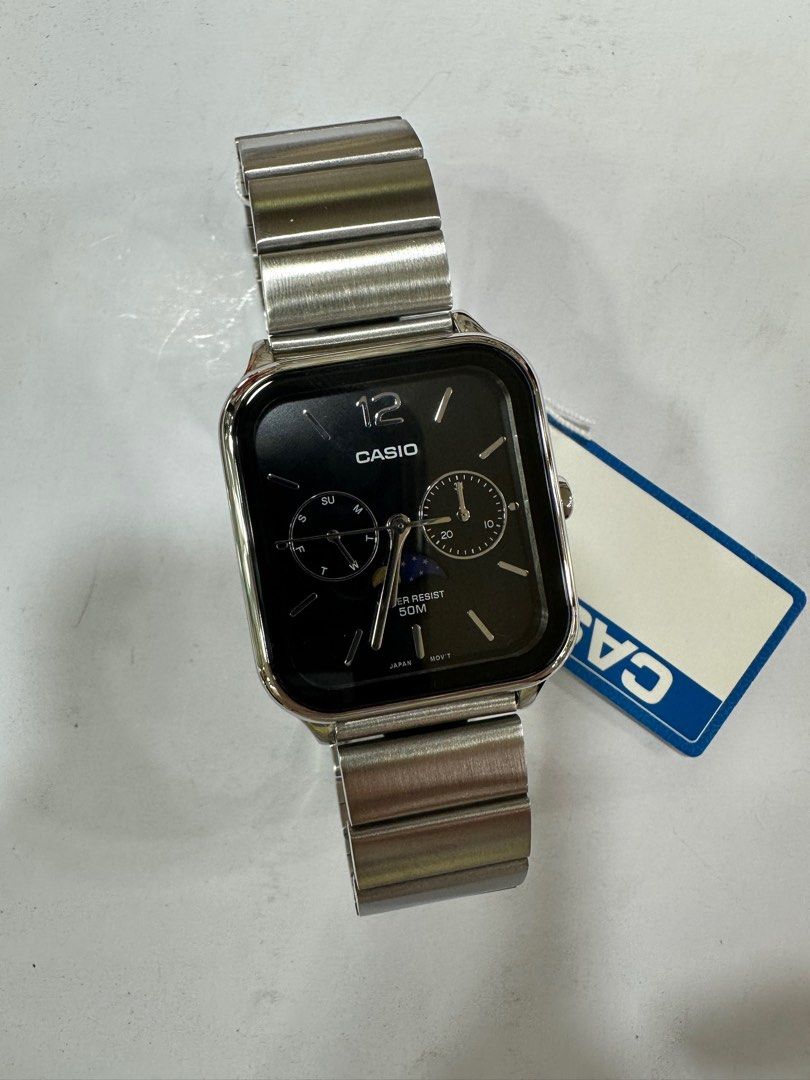 Casio Moonphase MTP-M305D-1A (Category: Men's Watches) located in Manila. Submitted by seikowatchfactory (Listing ID 1365628707, Image 2). Description: Brand New in Box Authentic Casio Watch Model: MTP-M305D-1A Price: 4395 pesos Specifications: Case Size: 44.5 x 34 x 9.3mm Weight: 116g Stainless Steel Stainless Steel Band One touch 3-fold clasp 50m Water Resistance Approx. Battery Life: 3 years on 621SW Mineral Glass Moon phase Regular timekeepin