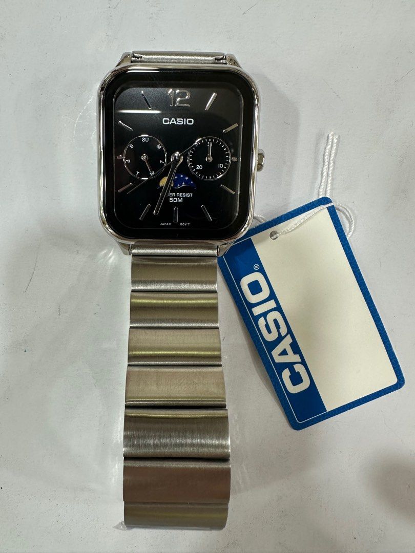 Casio Moonphase MTP-M305D-1A (Category: Men's Watches) located in Manila. Submitted by seikowatchfactory (Listing ID 1365628707, Image 3). Description: Brand New in Box Authentic Casio Watch Model: MTP-M305D-1A Price: 4395 pesos Specifications: Case Size: 44.5 x 34 x 9.3mm Weight: 116g Stainless Steel Stainless Steel Band One touch 3-fold clasp 50m Water Resistance Approx. Battery Life: 3 years on 621SW Mineral Glass Moon phase Regular timekeepin