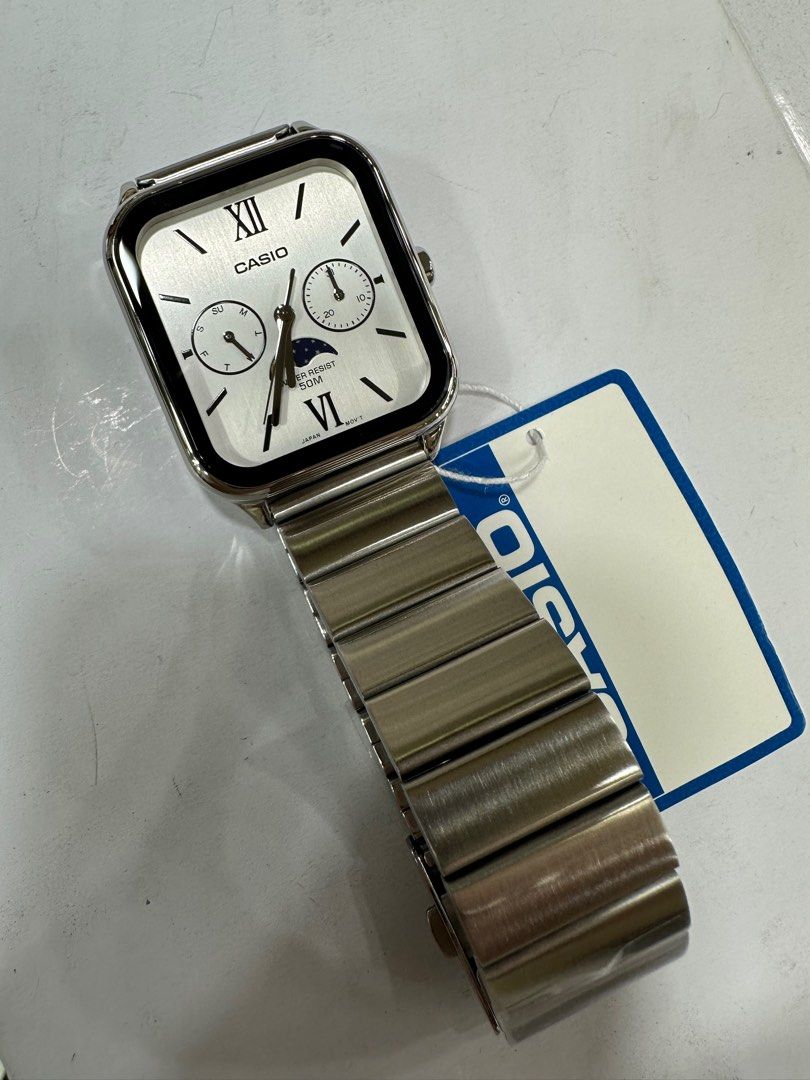 Casio Moonphase MTP-M305D-7A2 (Category: Men's Watches) located in Manila. Submitted by seikowatchfactory (Listing ID 1365626541, Image 2). Description: Brand New in Box Authentic Casio Watch Model: MTP-M305D-7A2 Price: 4395 pesos Specifications: Case Size: 44.5 x 34 x 9.3mm Weight: 116g Stainless Steel Stainless Steel Band One touch 3-fold clasp 50m Water Resistance Approx. Battery Life: 3 years on 621SW Mineral Glass Moon phase Regular timekeep