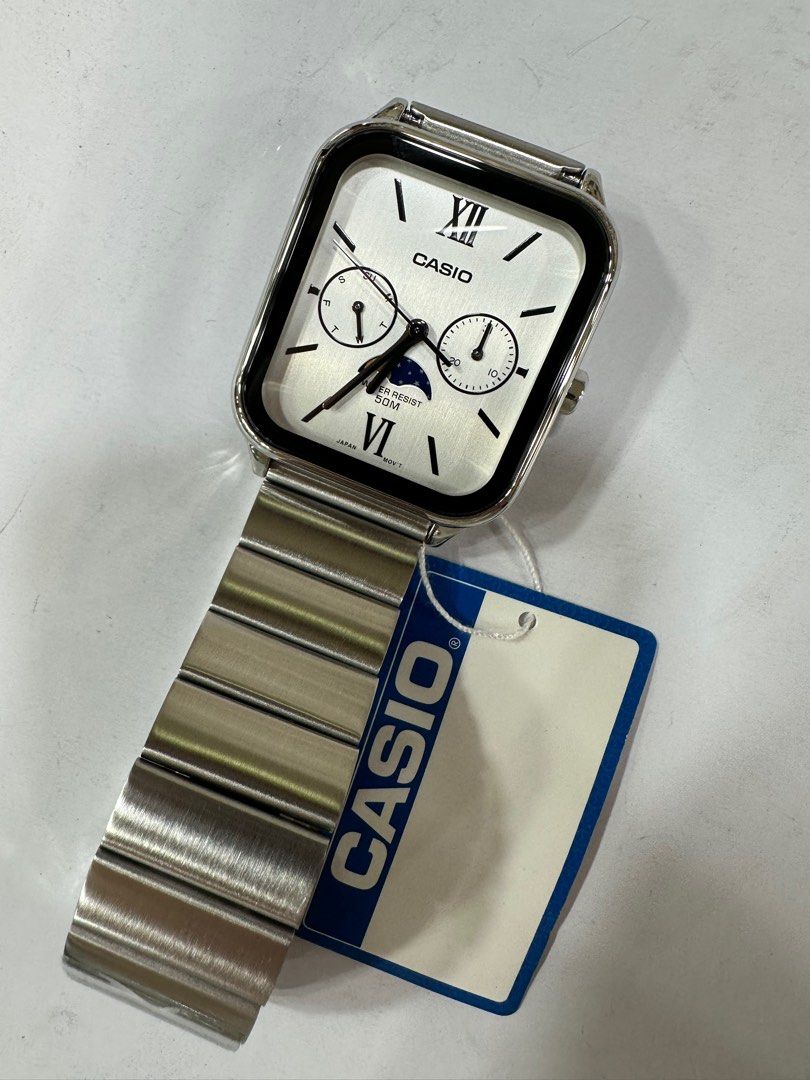Casio Moonphase MTP-M305D-7A2 (Category: Men's Watches) located in Manila. Submitted by seikowatchfactory (Listing ID 1365626541, Image 3). Description: Brand New in Box Authentic Casio Watch Model: MTP-M305D-7A2 Price: 4395 pesos Specifications: Case Size: 44.5 x 34 x 9.3mm Weight: 116g Stainless Steel Stainless Steel Band One touch 3-fold clasp 50m Water Resistance Approx. Battery Life: 3 years on 621SW Mineral Glass Moon phase Regular timekeep