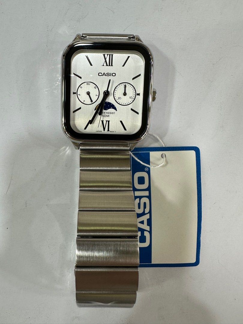 Casio Moonphase MTP-M305D-7A2 (Category: Men's Watches) located in Manila. Submitted by seikowatchfactory (Listing ID 1365626541, Image 1). Description: Brand New in Box Authentic Casio Watch Model: MTP-M305D-7A2 Price: 4395 pesos Specifications: Case Size: 44.5 x 34 x 9.3mm Weight: 116g Stainless Steel Stainless Steel Band One touch 3-fold clasp 50m Water Resistance Approx. Battery Life: 3 years on 621SW Mineral Glass Moon phase Regular timekeep