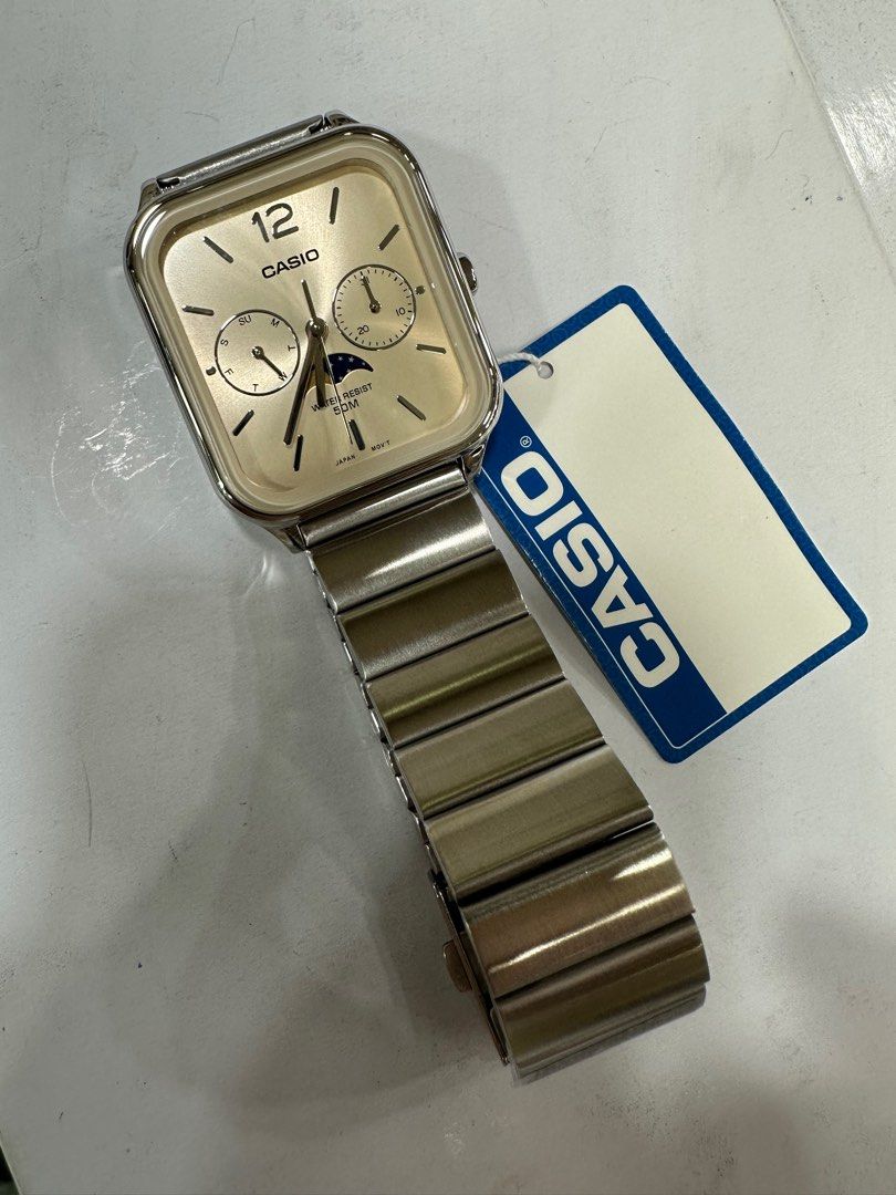Casio Moonphase MTP-M305D-9A (Category: Men's Watches) located in Manila. Submitted by seikowatchfactory (Listing ID 1365625599, Image 3). Description: Brand New in Box Authentic Casio Watch Model: MTP-M305D-9A Price: 4895 pesos Specifications: Case Size: 44.5 x 34 x 9.3mm Weight: 116g Stainless Steel Stainless Steel Band One touch 3-fold clasp 50m Water Resistance Approx. Battery Life: 3 years on 621SW Mineral Glass Moon phase Regular timekeepin