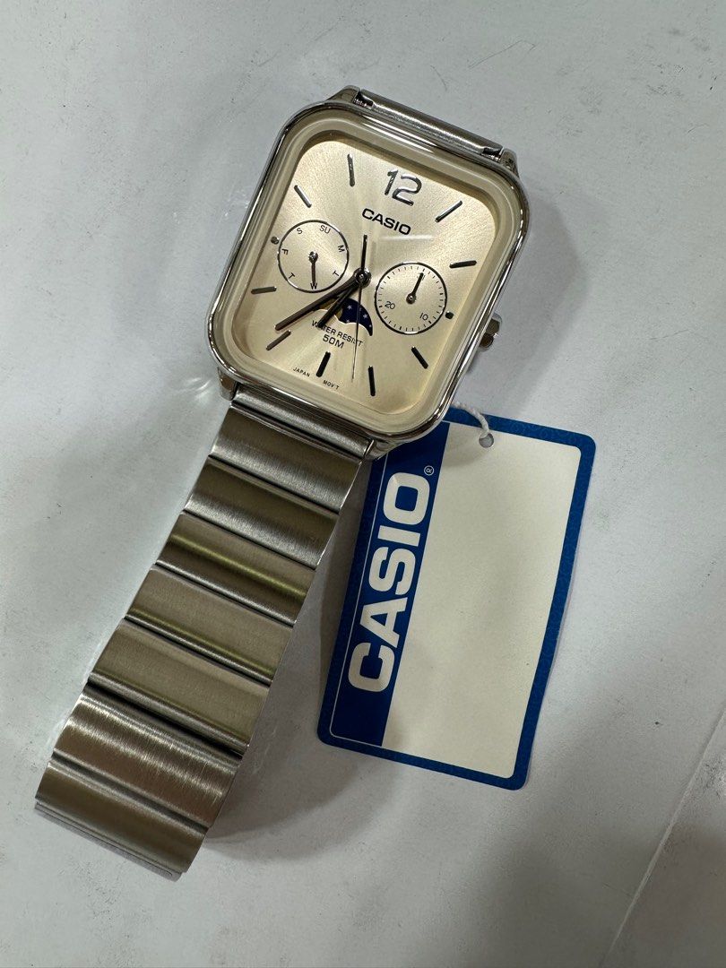 Casio Moonphase MTP-M305D-9A (Category: Men's Watches) located in Manila. Submitted by seikowatchfactory (Listing ID 1365625599, Image 2). Description: Brand New in Box Authentic Casio Watch Model: MTP-M305D-9A Price: 4895 pesos Specifications: Case Size: 44.5 x 34 x 9.3mm Weight: 116g Stainless Steel Stainless Steel Band One touch 3-fold clasp 50m Water Resistance Approx. Battery Life: 3 years on 621SW Mineral Glass Moon phase Regular timekeepin