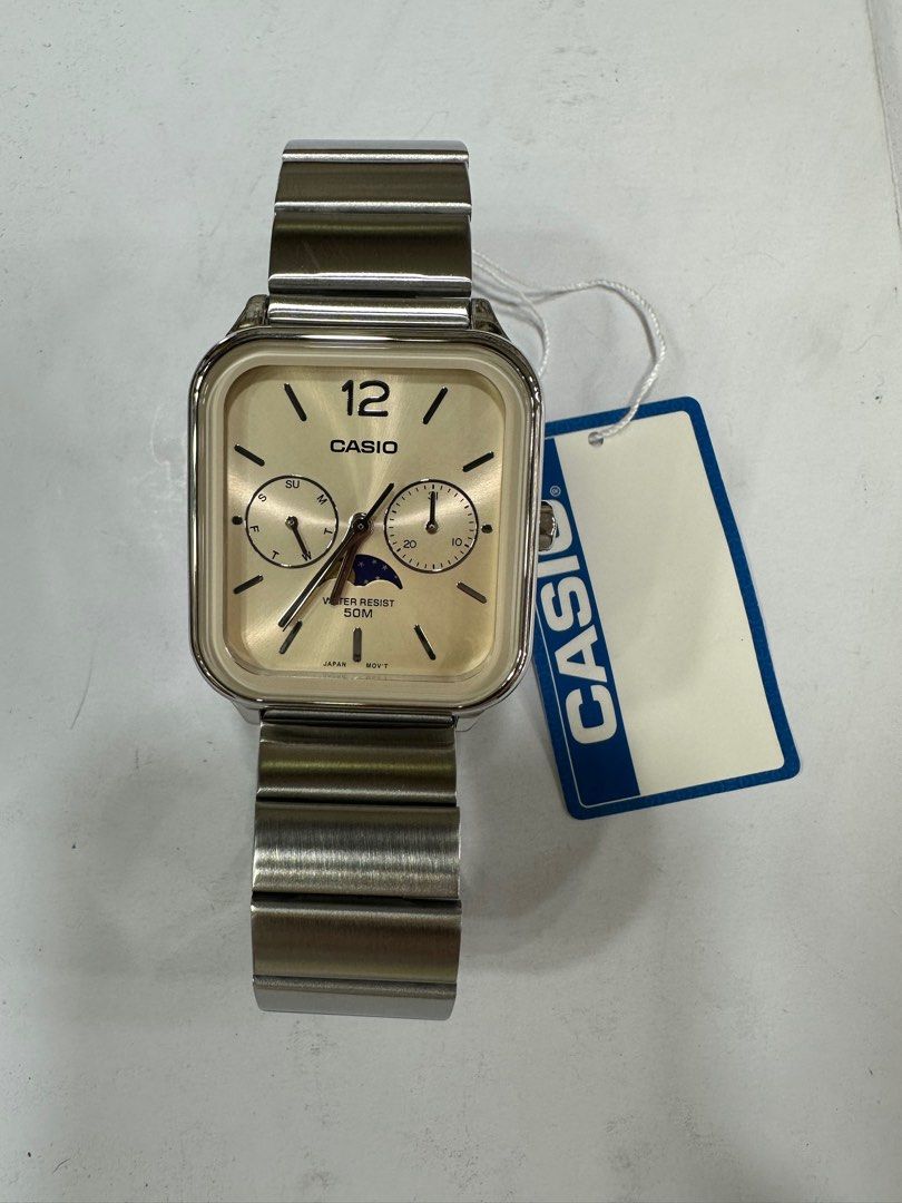 Casio Moonphase MTP-M305D-9A (Category: Men's Watches) located in Manila. Submitted by seikowatchfactory (Listing ID 1365625599, Image 1). Description: Brand New in Box Authentic Casio Watch Model: MTP-M305D-9A Price: 4895 pesos Specifications: Case Size: 44.5 x 34 x 9.3mm Weight: 116g Stainless Steel Stainless Steel Band One touch 3-fold clasp 50m Water Resistance Approx. Battery Life: 3 years on 621SW Mineral Glass Moon phase Regular timekeepin