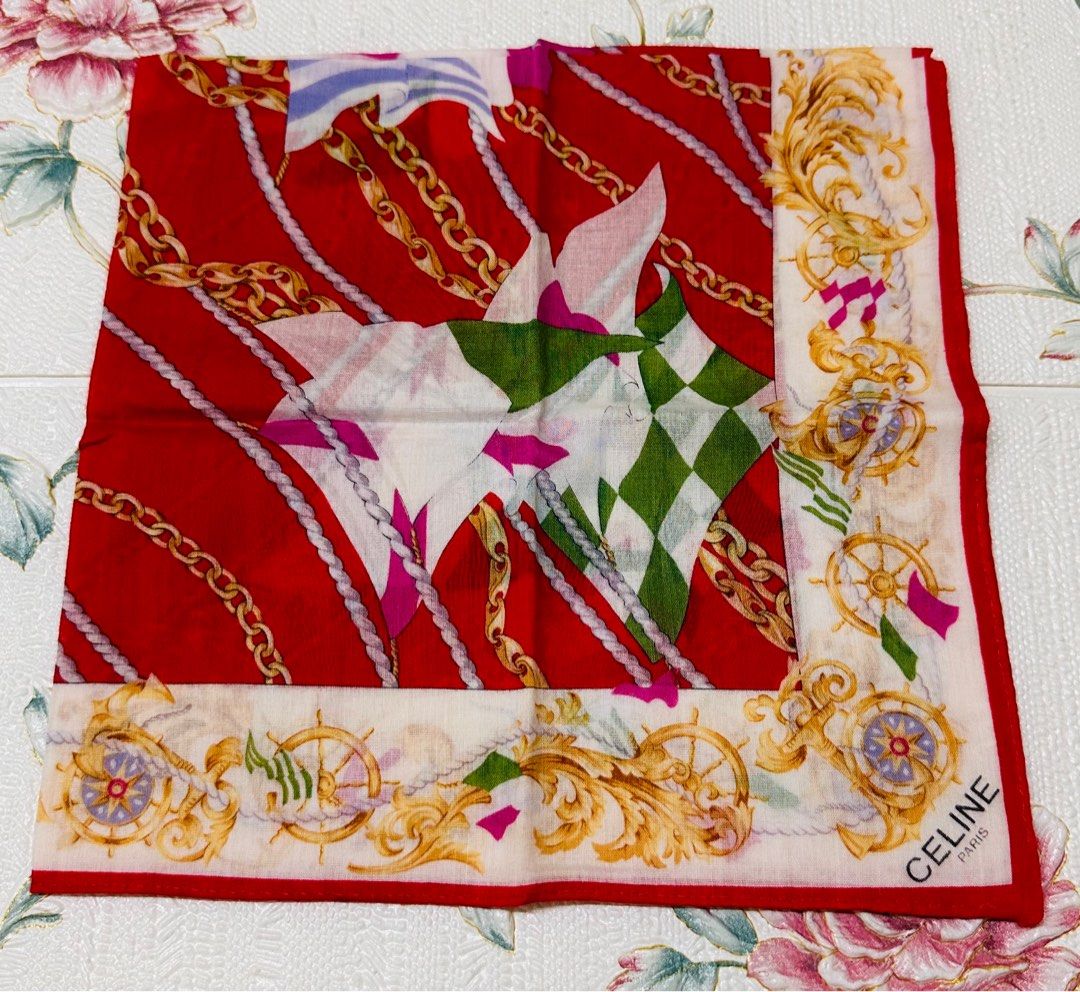 CELINE Red Handkerchief (Category: Luxury Accessories) located in Manila. Submitted by rarefindsgallery (Listing ID 1365583383, Image 1). Description: Vintage Celine Handkerchief Size: 18” x 18” Silky cotton Hand rolled hem In good condition Lightweight Authentic Made in Japan 🇯🇵.