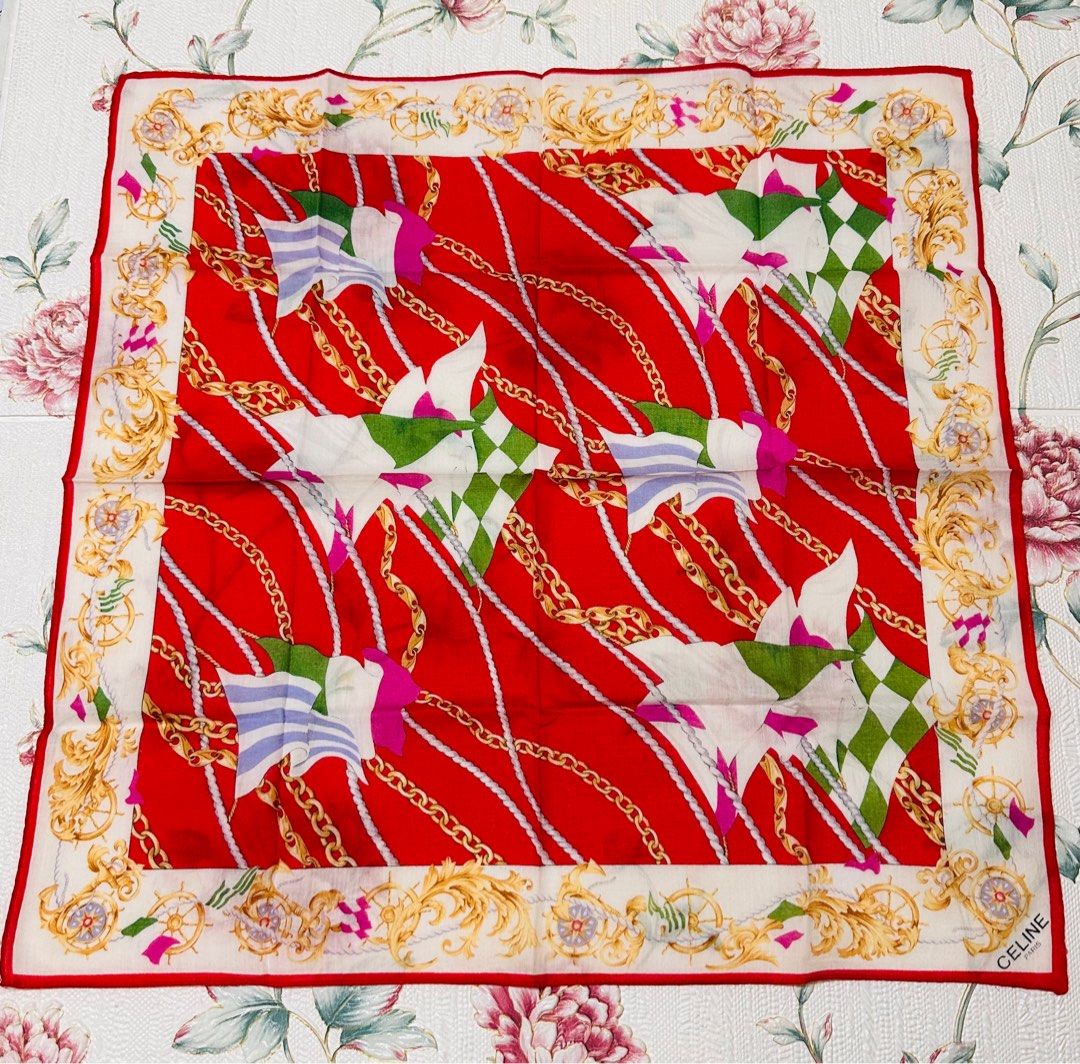 CELINE Red Handkerchief (Category: Luxury Accessories) located in Manila. Submitted by rarefindsgallery (Listing ID 1365583383, Image 2). Description: Vintage Celine Handkerchief Size: 18” x 18” Silky cotton Hand rolled hem In good condition Lightweight Authentic Made in Japan 🇯🇵.