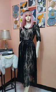 Elegant Black Mesh Lacey Midi Dress