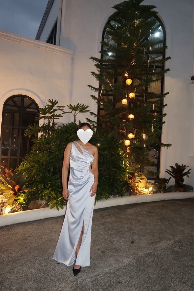Slate blue satin effect evening gown (Category: Evening dresses & gowns) located in Las Pinas. Submitted by pascual.drea (Listing ID 1365497473, Image 3). Description: 💎 Slate blue / silvery / grey evening gown 💎 Sexy slit! 💎 Cut out waist detail 💎 size XS on tag 💎 best fits 32-34 bust, 25-26 waist 💎 Height in photo 5’6 + heels 💎 Satin effect material 💎 Only used once at wedding! Rfs decluttering Helping tags zara mango shein evening gown