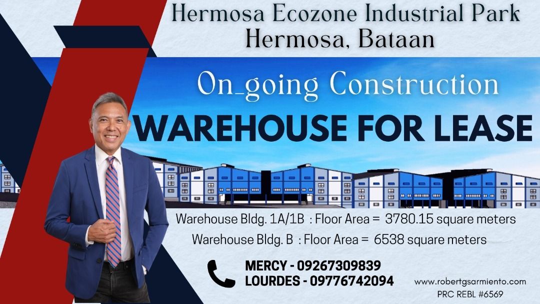 WAREHOUSE FOR LEASE : BATAAN (Category: Lot) located in Makati City. Submitted by 09175364829 (Listing ID 1365518856, Image 1). Description: On-going Construction !!! WAREHOUSE FOR LEASE : Available by JULY 2025 Location : Hermosa Ecozone Industrial Park Hermosa, Bataan Floor Area : WAREHOUSE Bldg. 1A/1B - 3780.15 square meters WAREHOUSE Bldg. B - 6538 square meters Price = Php 300.00 per square meter + Vat + dues Php 15.00 per square meter Detai