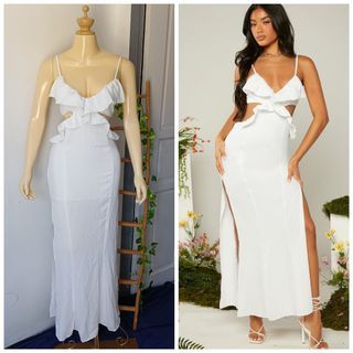 White Dress Sleeveless Sexy Cut Out Knot Back Ruffle Split Hem Slit Cami Maxi Dress (Medium) Casual Beach Summer Events Party Dress