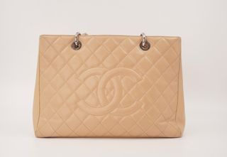 Authentic Chanel Grand Shopping Tote (GST) Dark Beige Caviar Leather Silver Hardware Series 16