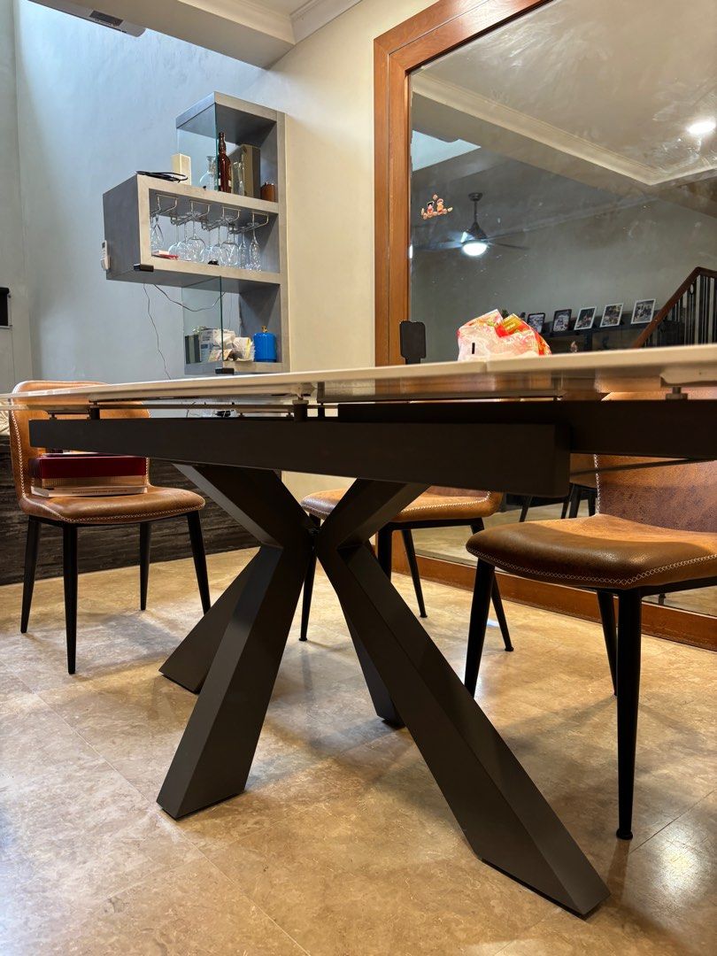 Dining Table Set (Category: Tables & Sets) located in Singapore. Submitted by bubbletea98 (Listing ID 1365697191, Image 2). Description: Sintered table top Dimensions (before extend): 160x90x76cm Sit 6 people Dimensions (after extend): 240x90x76cm Sit 9 people Selling 6 chairs as well: 46x46x82.
