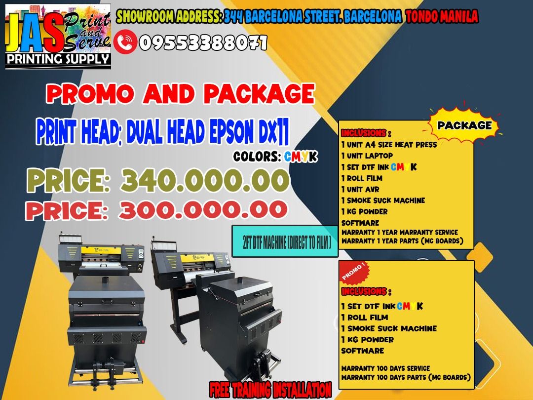 DTF PRINTER MACHINE (Category: Printers, Scanners & Copiers) located in Manila. Submitted by melvinflor41363 (Listing ID 1365668266, Image 1). Description: LARGE FORMAT PRINTER MACHINE Price Starts @ Php169,000 Supplier of Brand New DX11, Dual Head DX11 & i3200 Tarpaulin Sublimation Printer Machine 6ft and 10ft, Brand New Laser Cutter and Brand New Cutter Plotter, Brand New Heat Press and other kind of printing machines. TARPAULIN PRINTER MACHINE