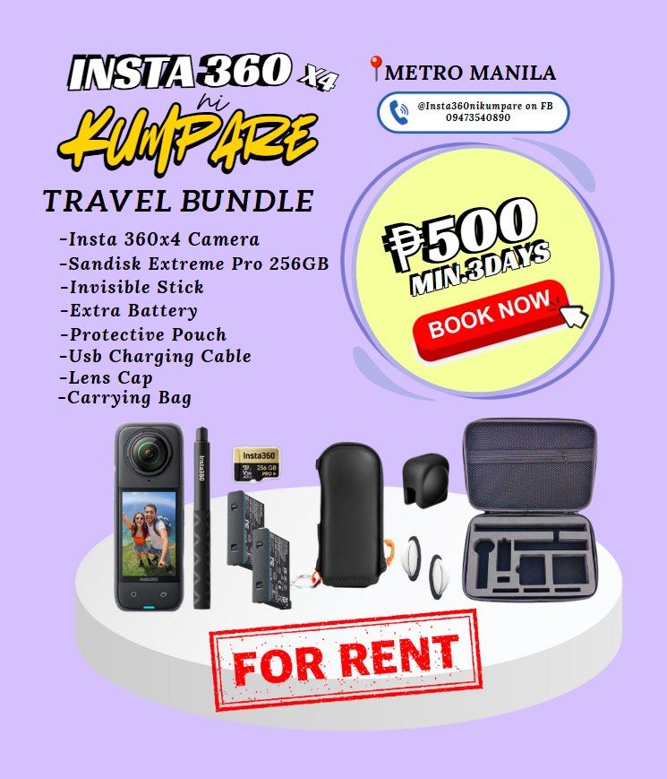 Insta 360 x4 For Rent (Category: Cameras) located in Manila. Submitted by avtulalian04 (Listing ID 1365780296, Image 1). Description: 📸Insta 360 x4 - Travel Bundle - Motorcycle Bundle. Capture Every Moment in Insta 360 📸 Rent with us for your Travels! Book now! DM me for more info. 📍Metro Manila 📍Antipolo, Rizal FB Page: Insta360nikumpare #insta360 #insta360x4 #insta360forrent #insta360x4forrent #cameraforrent #travelcamera #insta360nikumpare