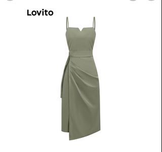 Lovito Women Elegant Plain Ruched Wrap Dress L71ED164 (Green)