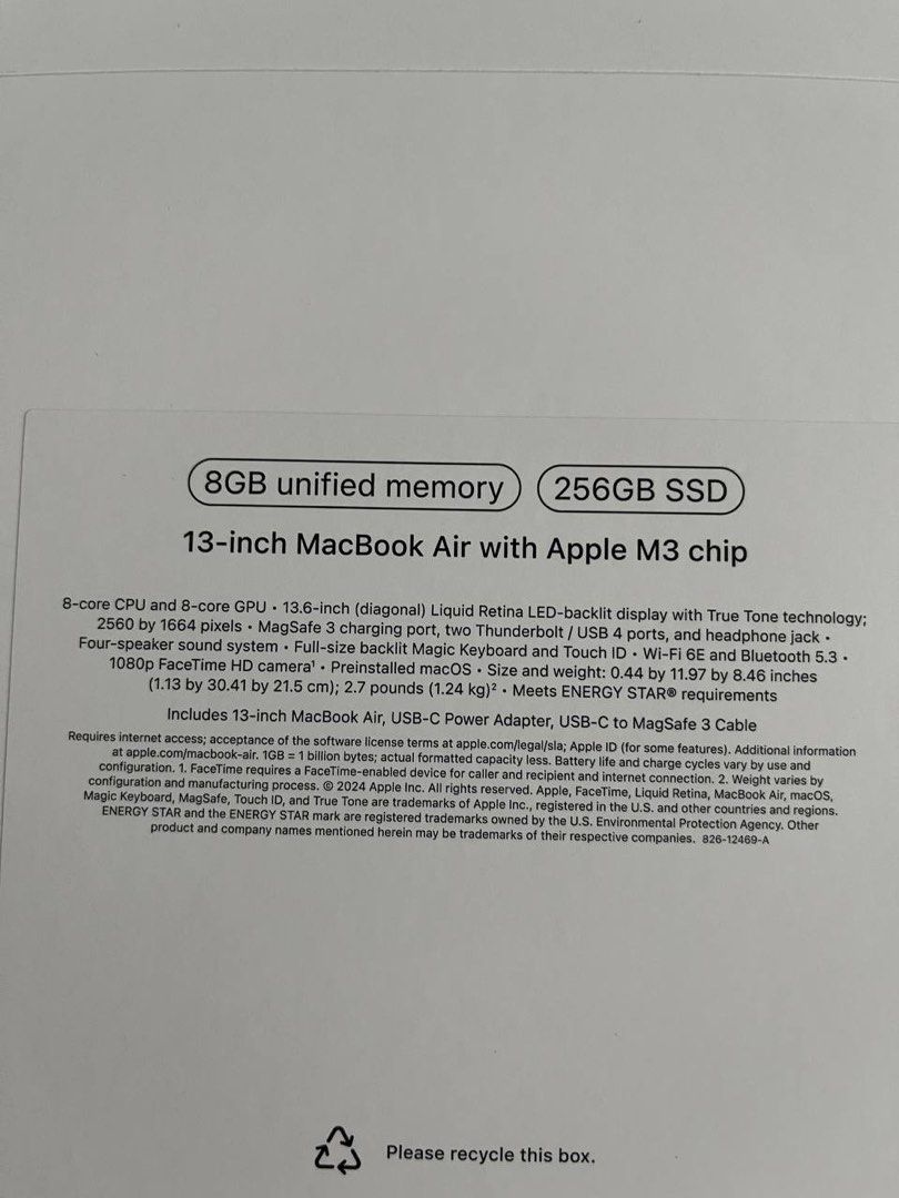 Macbook Air M3 Space Gray (Category: Laptops & Notebooks) located in Quezon City. Submitted by ctmcky (Listing ID 1365673703, Image 2). Description: Brand new 13in Macbook Air M3 Space gray 8gb ram 256gb storage Meet up: UP town Katipunan or Makati.
