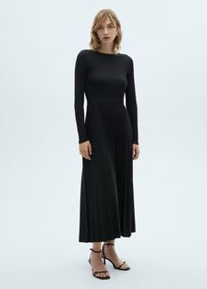 MANGO Long Black Dress w/ Pleated Skirt