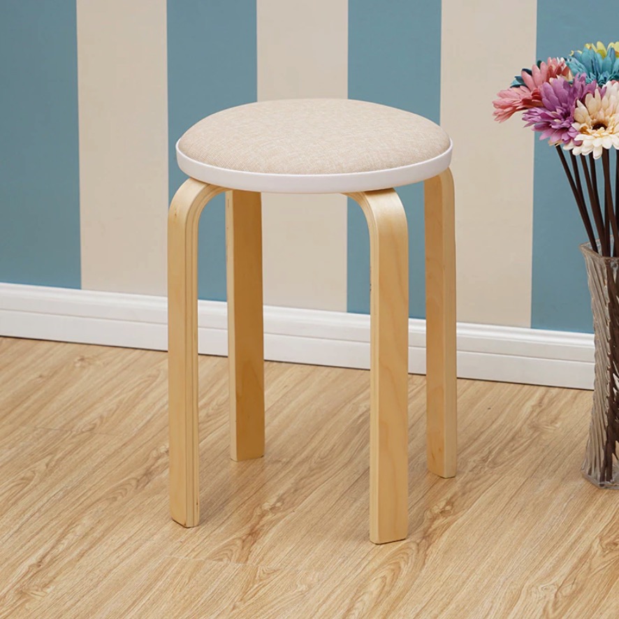 Padded Wooden Stool | Solid Wood Legs Chair | Round Sitting Surface ...
