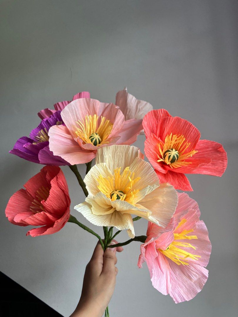 Paper poppies • Handmade flowers (Category: Flowers & Bouquets) located in Nasugbu. Submitted by nicolesellsthings (Listing ID 1365806510, Image 1). Description: Php 100 per stem Php 280 for 3 pieces Made-to-order realistic crepe paper poppy flowers for display, props, and gifts. Perfect for Valentines, Mothers Day, graduation, anniversary, birthday gift, etc. Handmade with high quality Italian crepe paper. Can customize colors, size, and arrange