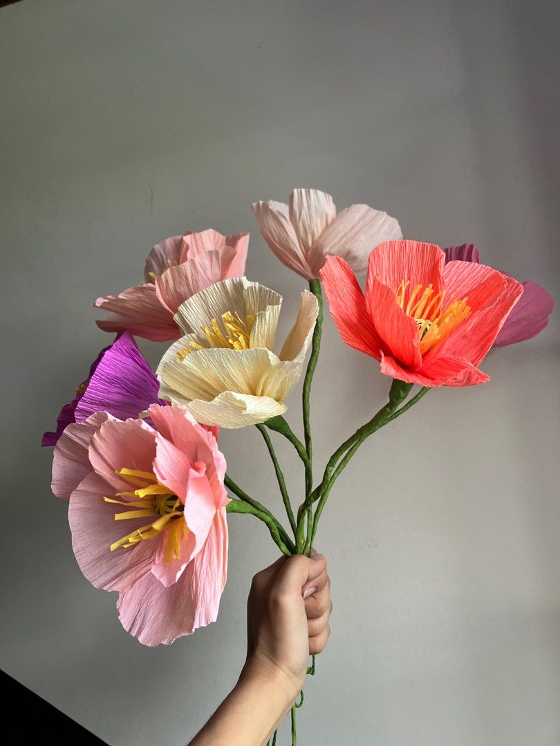 Paper poppies • Handmade flowers (Category: Flowers & Bouquets) located in Nasugbu. Submitted by nicolesellsthings (Listing ID 1365806510, Image 2). Description: Php 100 per stem Php 280 for 3 pieces Made-to-order realistic crepe paper poppy flowers for display, props, and gifts. Perfect for Valentines, Mothers Day, graduation, anniversary, birthday gift, etc. Handmade with high quality Italian crepe paper. Can customize colors, size, and arrange