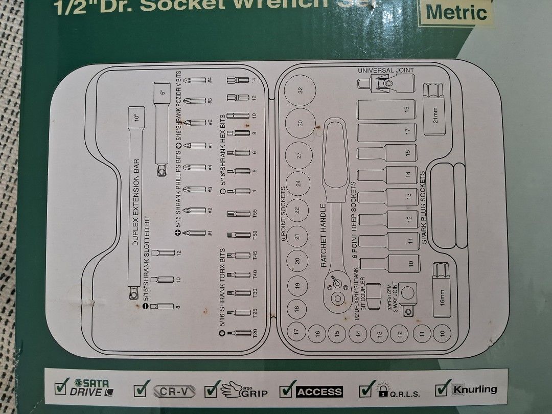 Sata socket set (Category: Home Improvement Tools & Accessories) located in Shah Alam. Submitted by mohde1 (Listing ID 1365695596, Image 2). Description: Set soket Sata 58pcs 1/2" drive full set metric socket, accessories & bits Harga tidak termasuk pos weight 5kg.