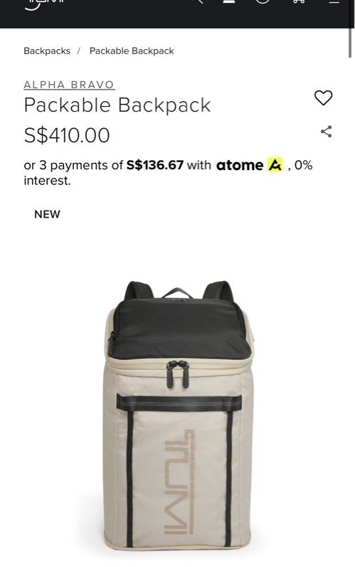 Tumi Packable Backpack (Category: Bags & Wallets) located in Singapore. Submitted by greenapplefudge (Listing ID 1365819201, Image 1). Description: BNIB.
