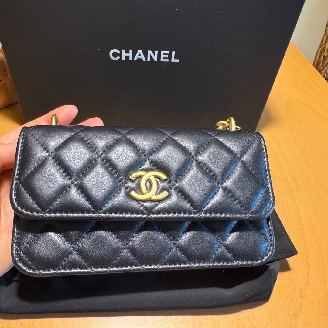 CHANEL 山茶花 調節扣 黑色 小羊皮 雙鍊 mini WOC 手機包