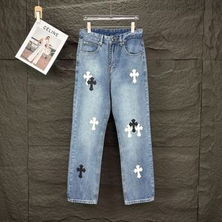 Chrome hearts 2025新款黑色梵文十字架貼皮情侶款水洗牛仔褲629405144279051121