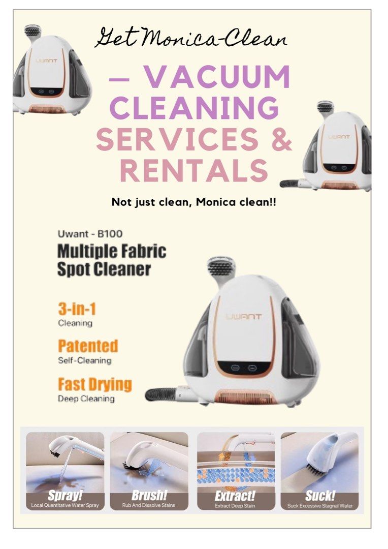 Deep Vacuum Cleaning Rental Services (Category: Vacuum Cleaner & Housekeeping) located in Quezon City. Submitted by trisb. (Listing ID 1365851936, Image 2). Description: Deep Cleaning Vacuum Rental Services Tough stains? No problem! Our Multi-Fabric Spot Cleaner tackles: Car Seats Couches Carpets Office Chairs Beds & Pillows Affordable, powerful, and easy to use! Message us directly to inquire or book your appointment. Want to see it in action? s