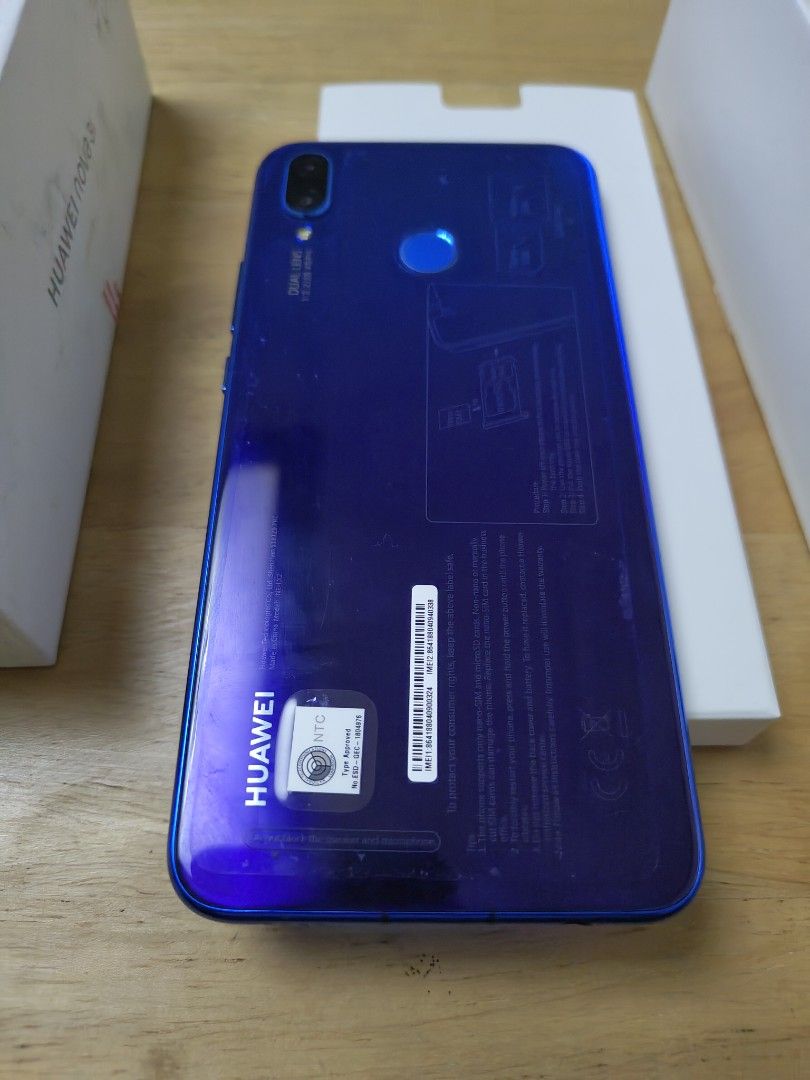 Huawei Nova 3i 4GB RAM/128 GB ROM (Category: Huawei) located in Quezon City. Submitted by racp2k8 (Listing ID 1365926589, Image 3). Description: Huawei Nova 3i Iris Purple 4GB RAM/128 GB ROM mobile phone. Complete original set, box, documentation, SIM eject tool, microUSB cable, charger. Android 9, 6.3" display, dual front and rear cameras, octacore processor, 3340 mAh battery. Good condition, minor scratches, with tempered glass. Good battery li
