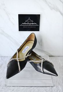 Jimmy Choo Genevi Flat Black Nappa Leather Pointed-Toe Flats with Crystal Chain
