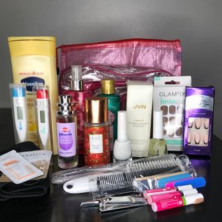 TAKE ALL NEW COSMETICS BUNDLE lotion perfume cologne nails manicure hair comb oil pouch cleanser thermometer polish cutter pusher dental comedone extractor file brush toothbrush fake nails jvn shine drops vaseline kiss