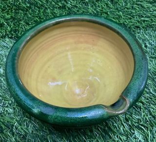 V46 Terracotta Chawan Matcha Bowl Katakuchi Torregrossa Brand from Segovia Spain Yellow Pink Green Spout Lip Rim with Engrave Markings 6” x 4.25” inches - P399.00