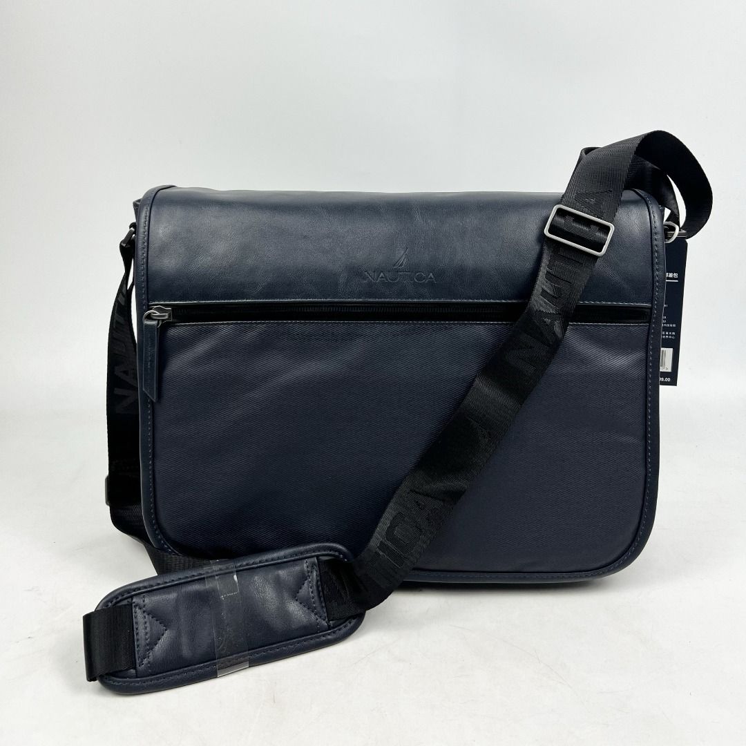 美國NAUTICA 深藍色皮革手提電腦斜咩袋, 男裝, 袋, 腰袋、手提袋、小袋