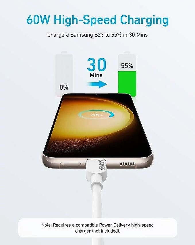 Anker 310 60W Type C-C Cable (Category: Chargers & Cables) located in Manila. Submitted by chjiu (Listing ID 1366081916, Image 3). Description: Available in 3ft(0.9m) & 6ft(1.8m) in Black, White, Purple 3ft: P200 6ft: P300 High-Speed Compatible: Charge a Samsung S23 to 55% in just 30 minutes when paired up with a compatible Power Delivery charger (charger not included). Built to Last: Proven in strict laboratory tests to withstand up to 10,000 be